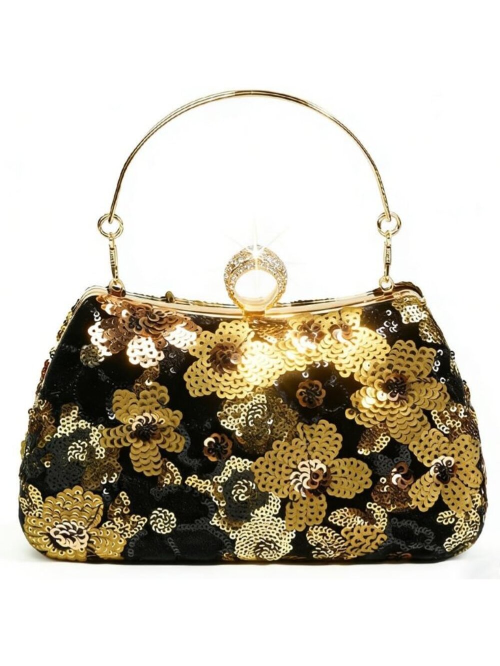 Women's Golden Floral Sequin Embroidered Evening Clutch Wedding Crossbody Bag